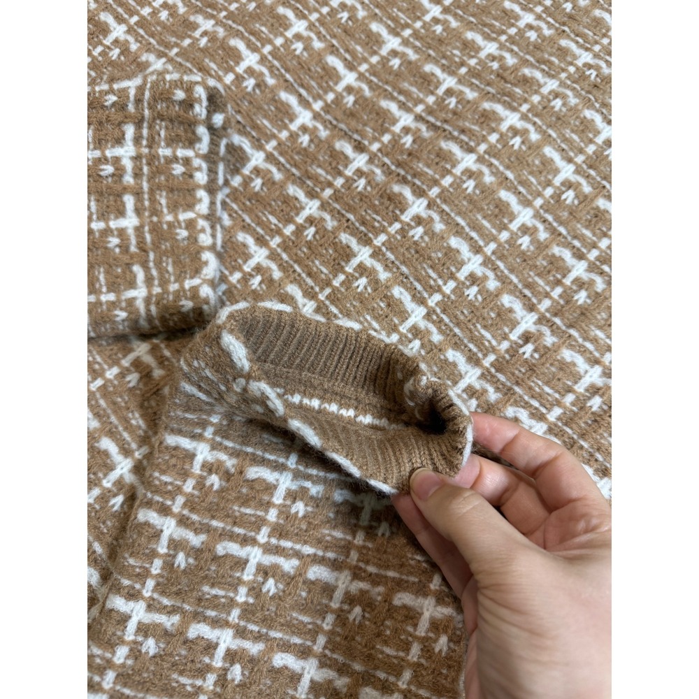 NWT Lulus Size Medium Cozy Conditions Tan White Knit Plaid Coatigan Pockets - Picture 9 of 11